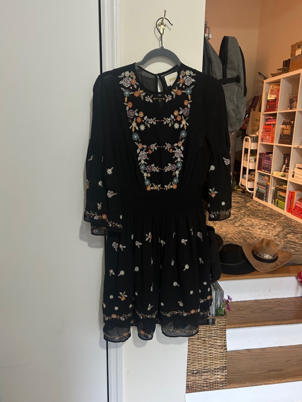 Anthropologie Black Midi Dress with Multicolor Floral Embroidery